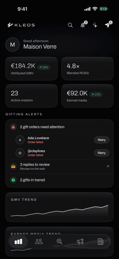 Kleos brand cockpit on iPhone