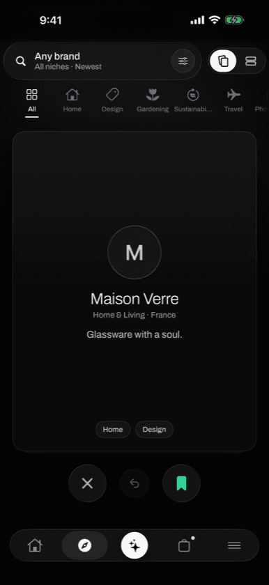 Kleos creator brand discovery on iPhone