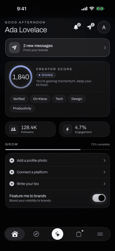 Kleos creator home on iPhone